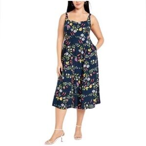 NWT Old Navy Fit & Flare Linen blend midi dress floral & fruit Navy blue PL